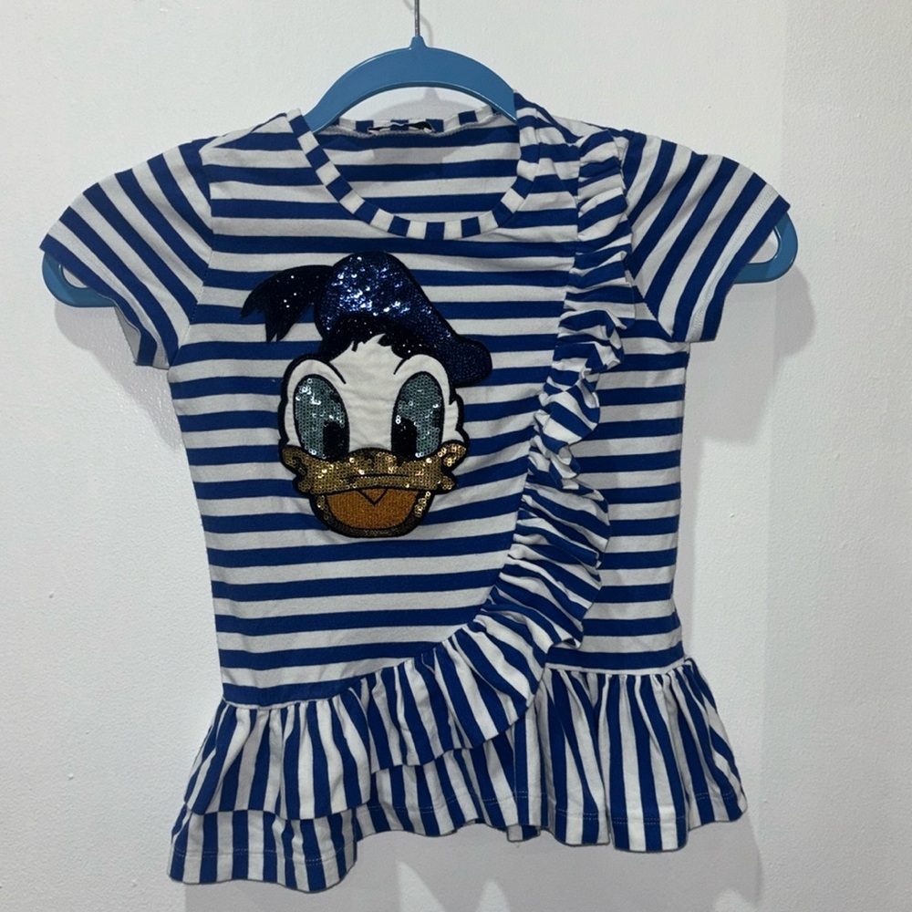 Toddler Girls Monnalisa Sequin Donald Duck Blue/White Stripe Dress. Size 8